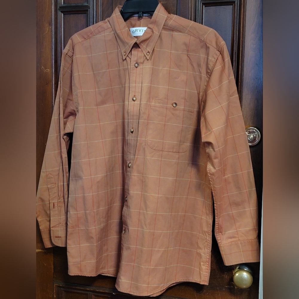 NWOT-Orvis Antique Oxford Brown Plaid Cotton Button Down-Large